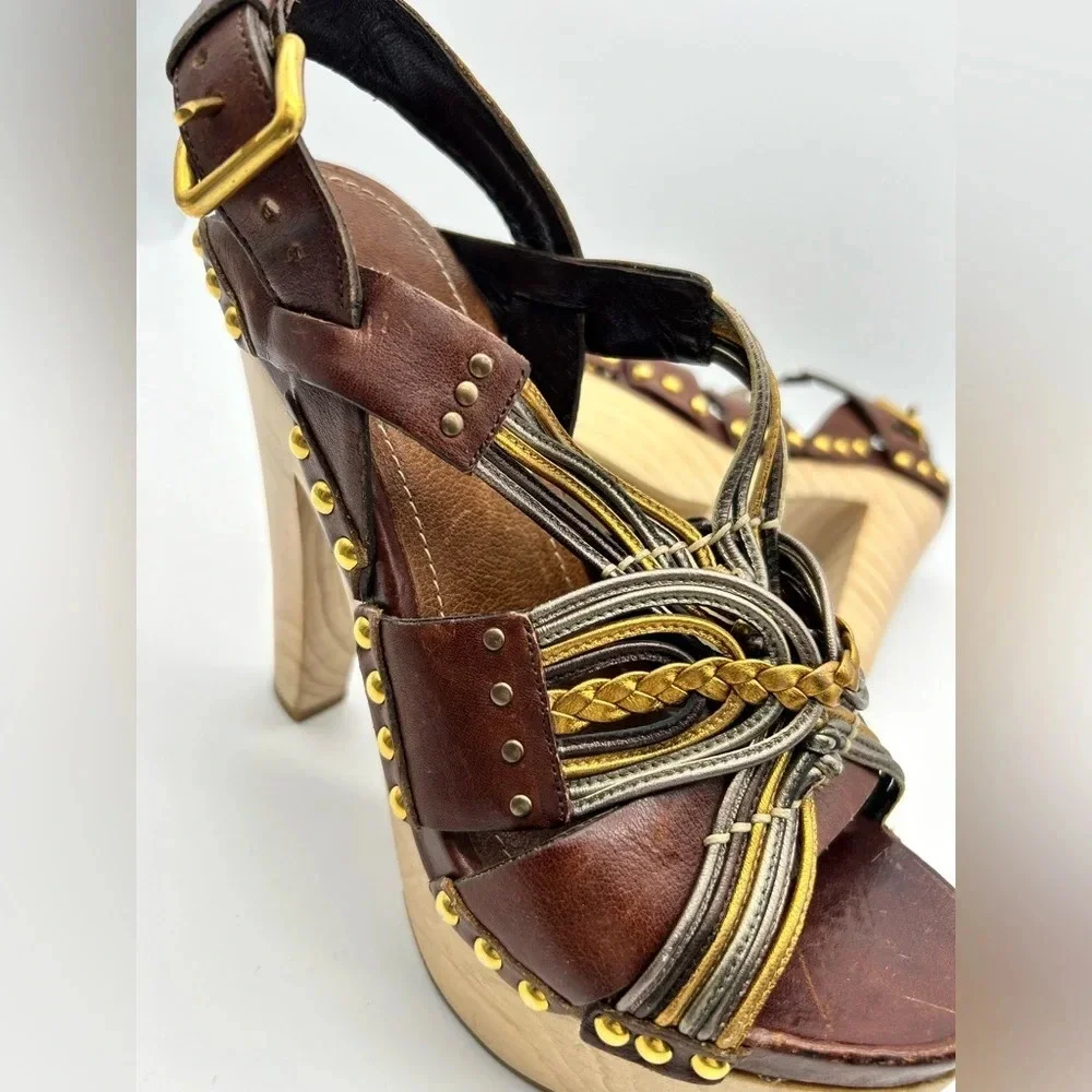 Miu Miu 36 Heel Sling Clog Wedge Platform Stud Brown Leather Wood Y2k boho tall